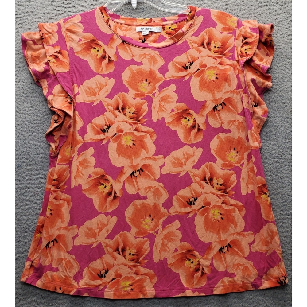 Chico's Blouse Top Women L Multi Floral Stretch Ruffle Sleeve Crew Neck Pullover